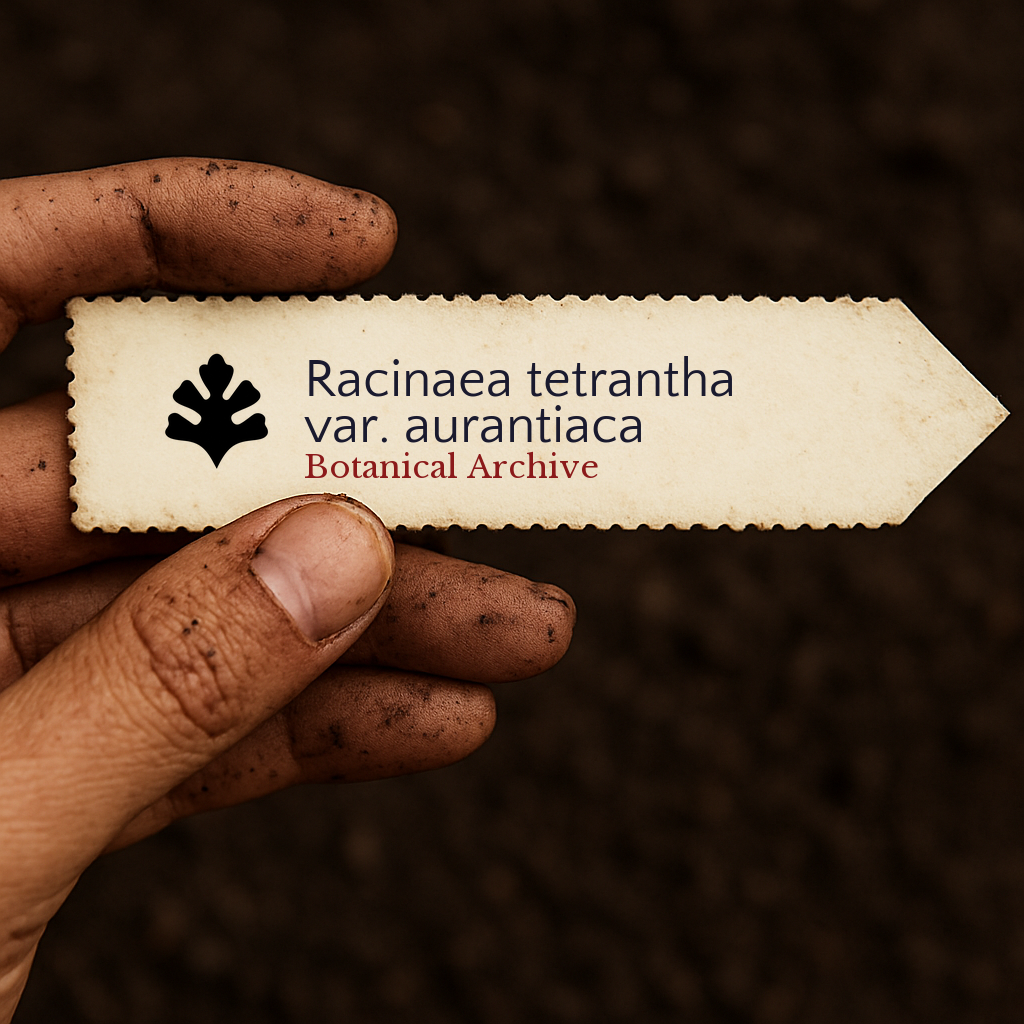 Etichetta stampata per pianta Racinaea tetrantha var. aurantiaca tenuta da mano sporca su sfondo di terreno