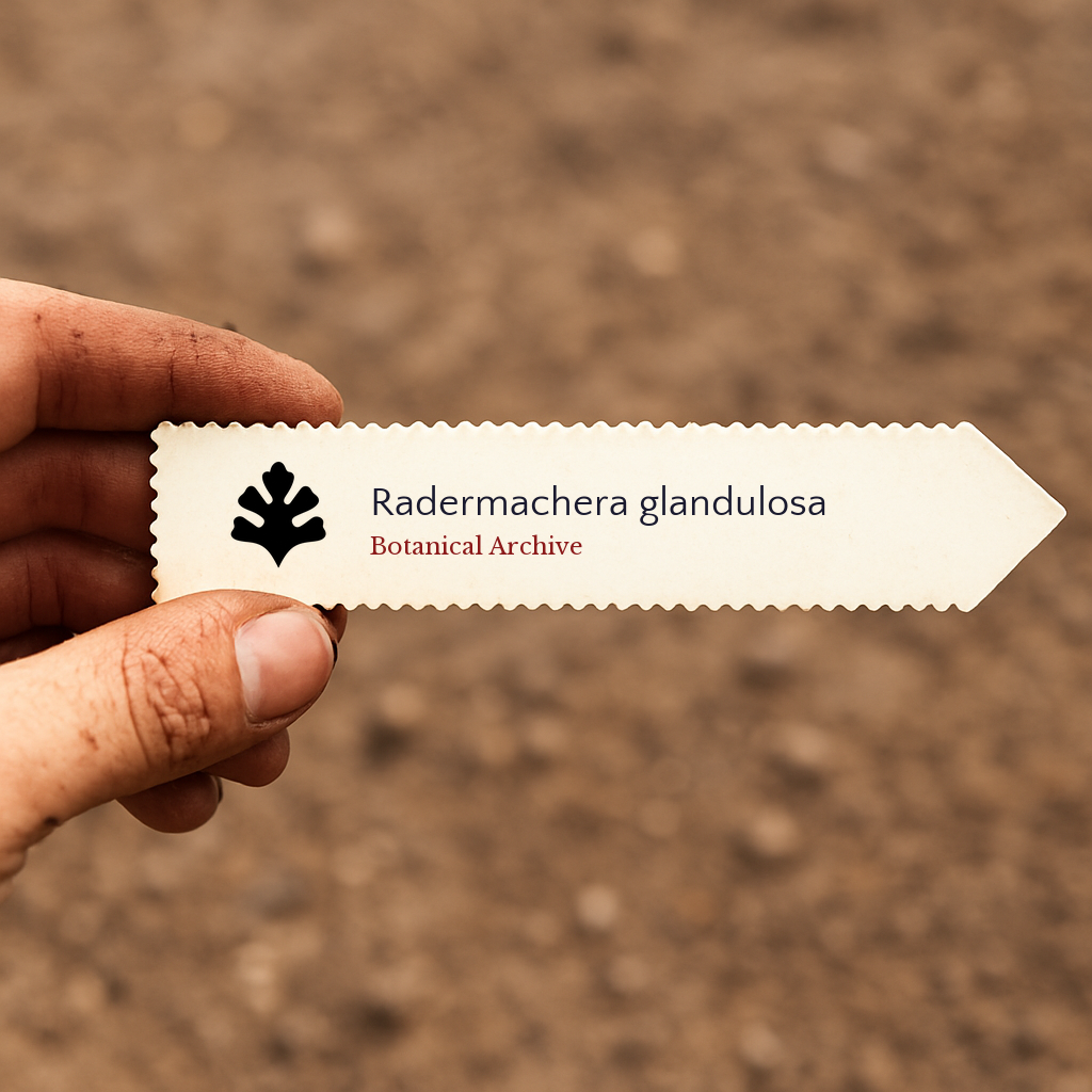 Printed plant label for Radermachera glandulosa with decorative leaf icon held by hand
