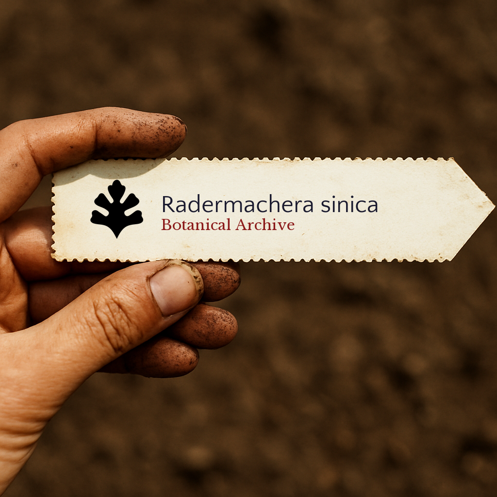Printed plant label for Radermachera sinica held by dirty hand with soil background