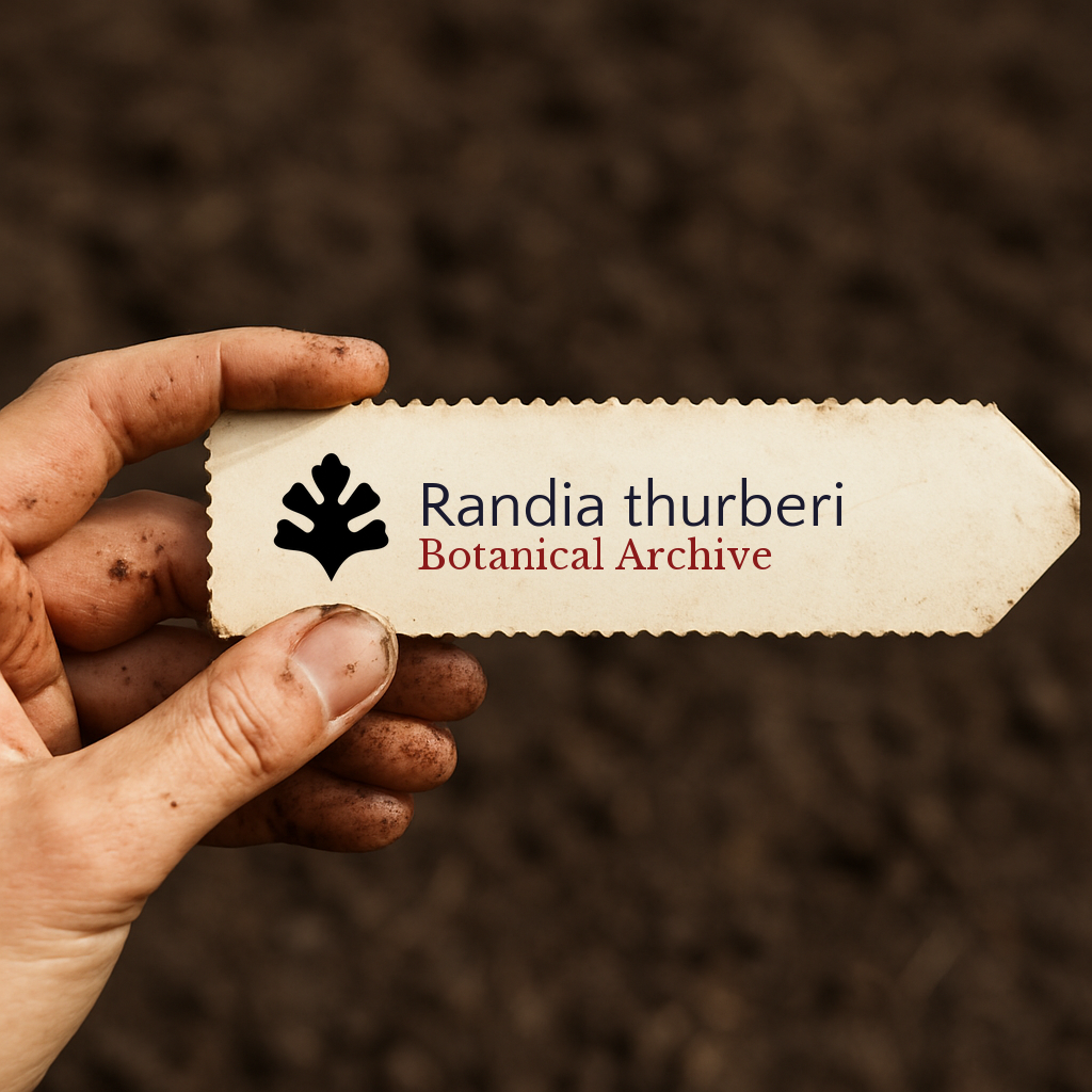 Etichetta per pianta di Randia thurberi con logo Botanical Archive tenuta a mano su sfondo di terreno