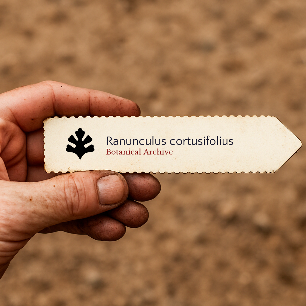 Etichetta per piante stampata per Ranunculus cortusifolius tenuta in mano con sfondo di terreno