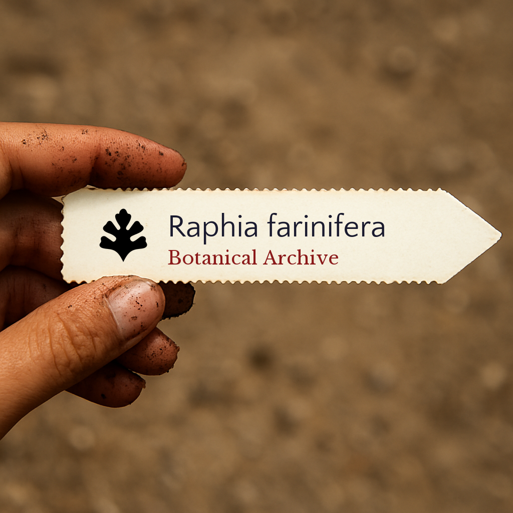 Printed plant label for Raphia farinifera held by hand with soil background