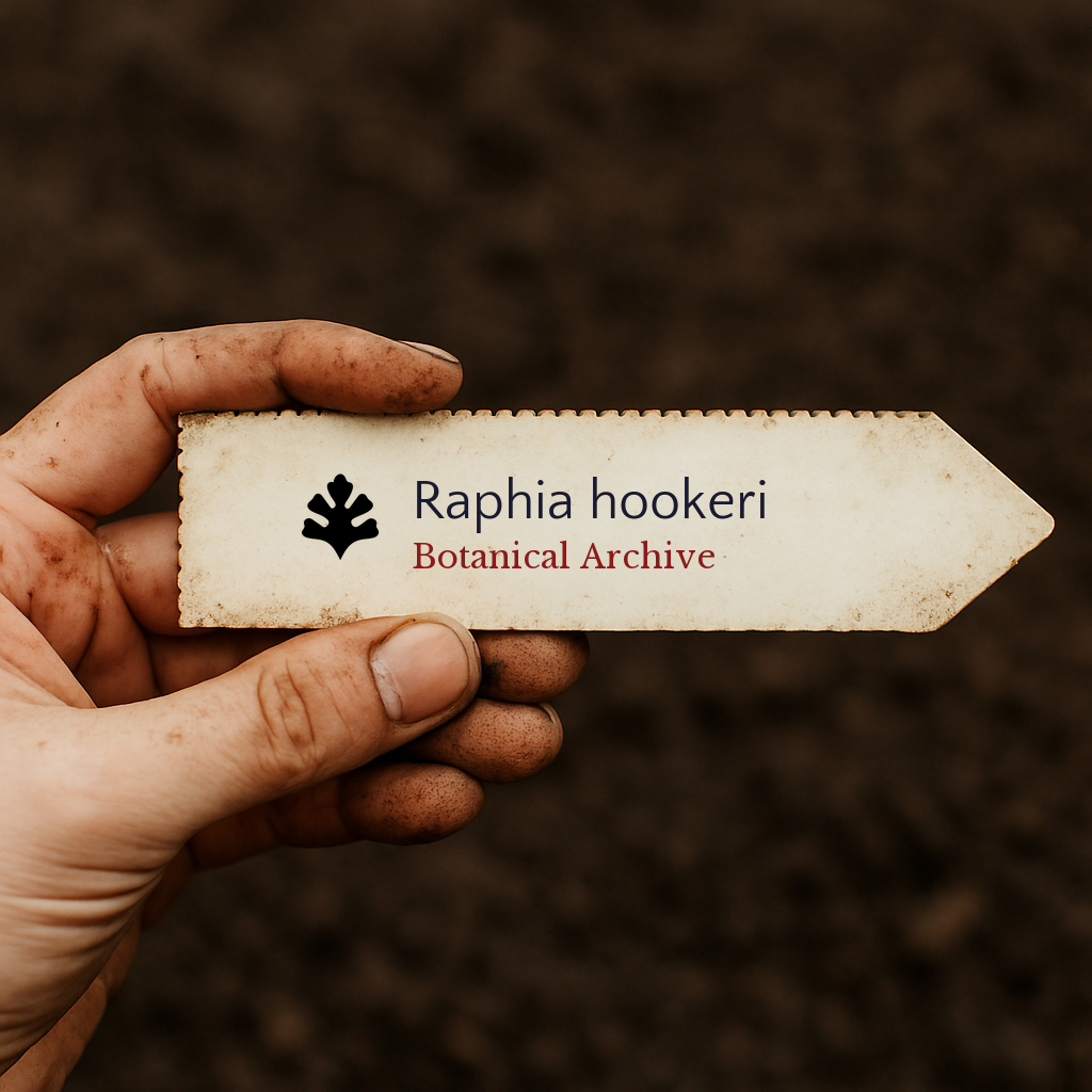 Printed plant label for Raphia hookeri held by dirty hand over soil background