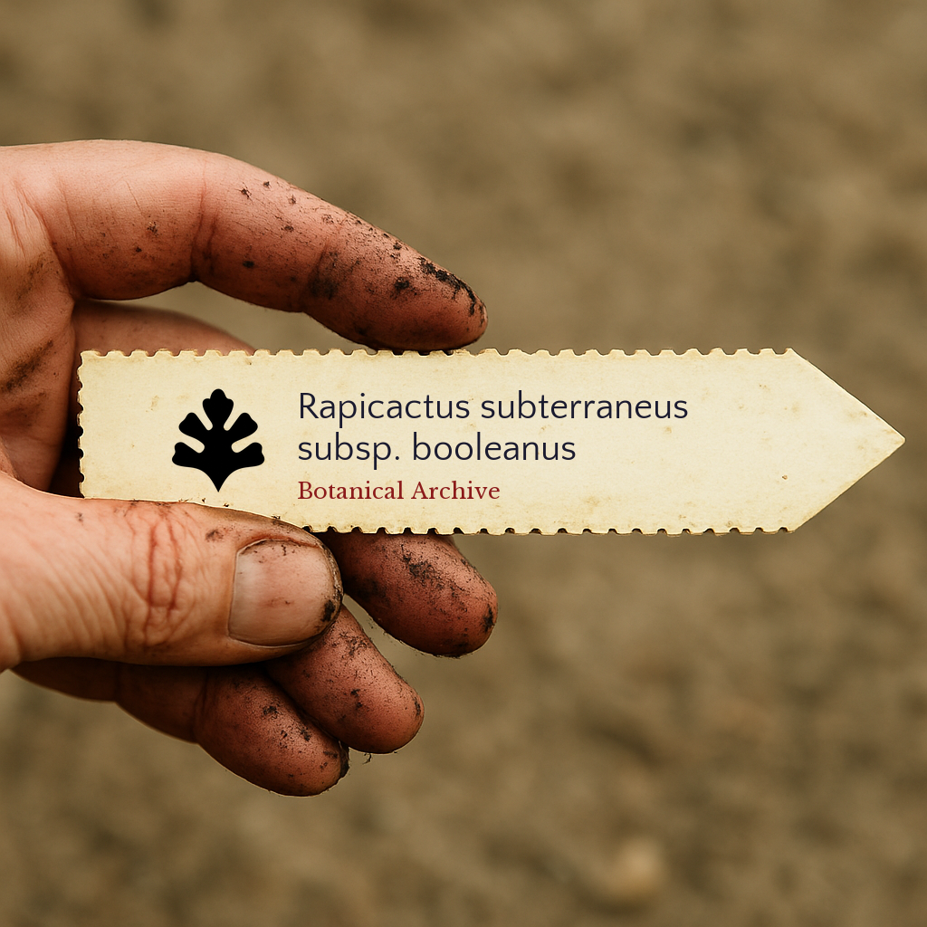 Printed plant label for Rapicactus subterraneus subsp. booleanus held by dirty hand