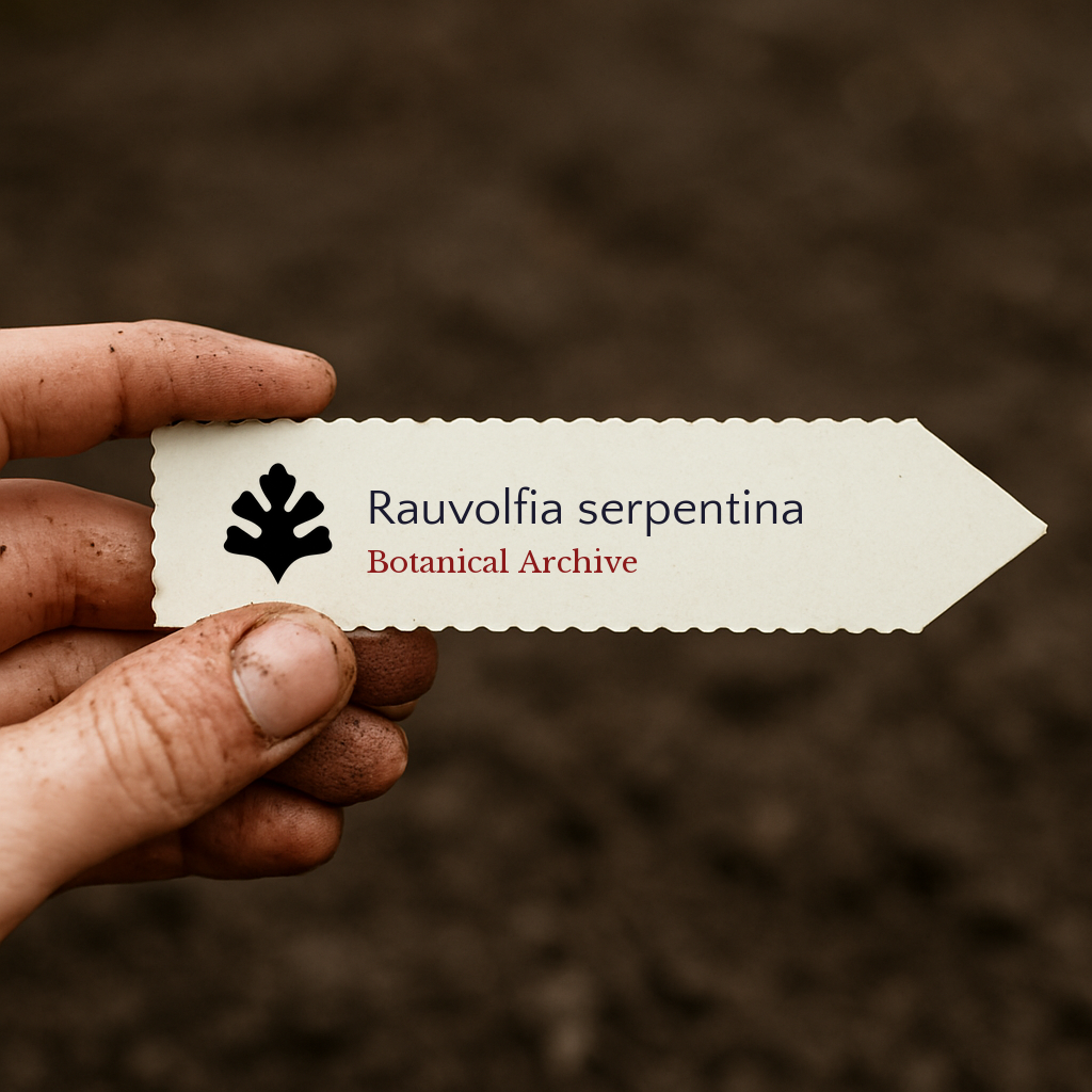 Printed plant label for Rauvolfia serpentina held with soil-covered fingers against dirt background