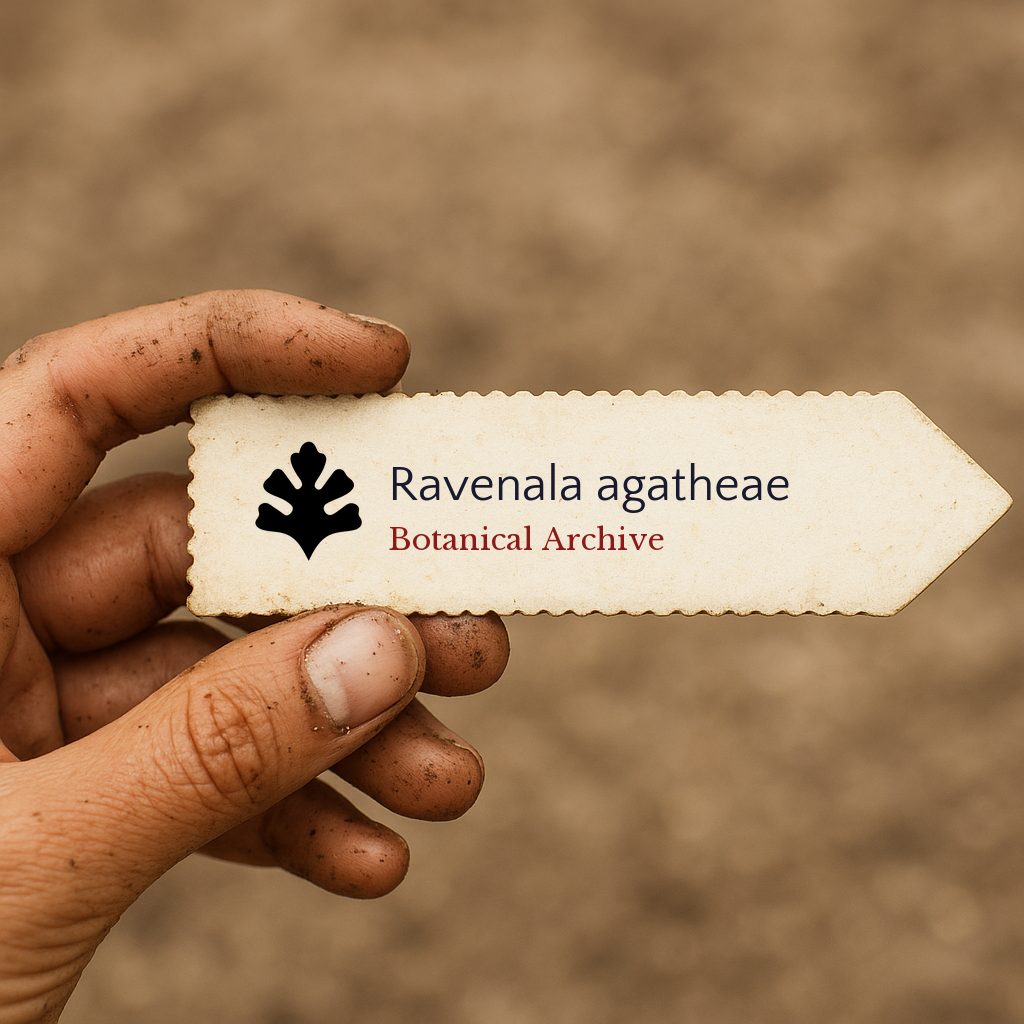 Printed plant label for Ravenala agatheae held by dirty hand with blurred soil background