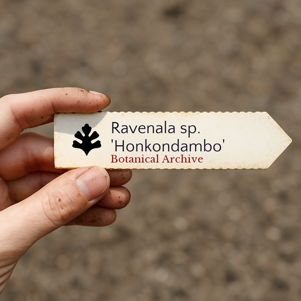 Printed plant label for Ravenala sp. 'Honkondambo' held in hand with soil background