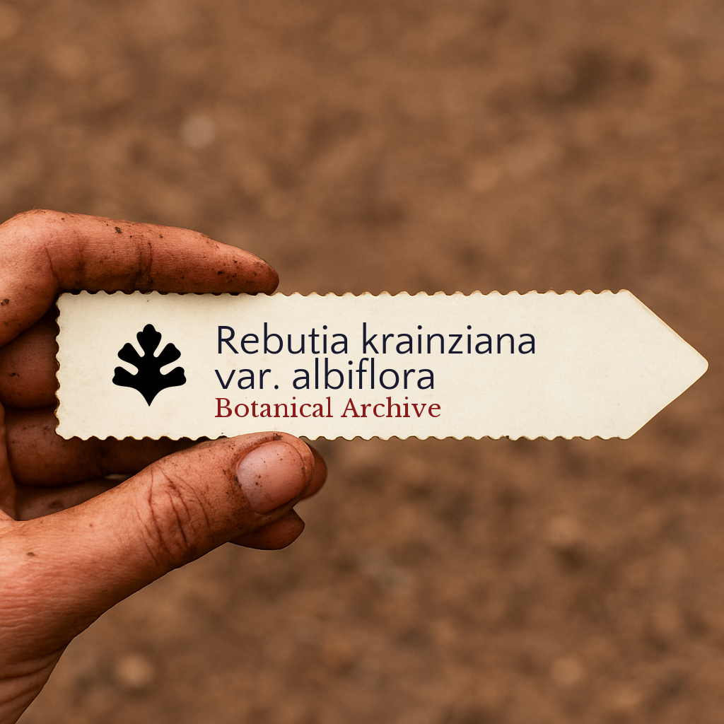 Printed plant label for Rebutia krainziana var. albiflora held by dirty hand outdoors