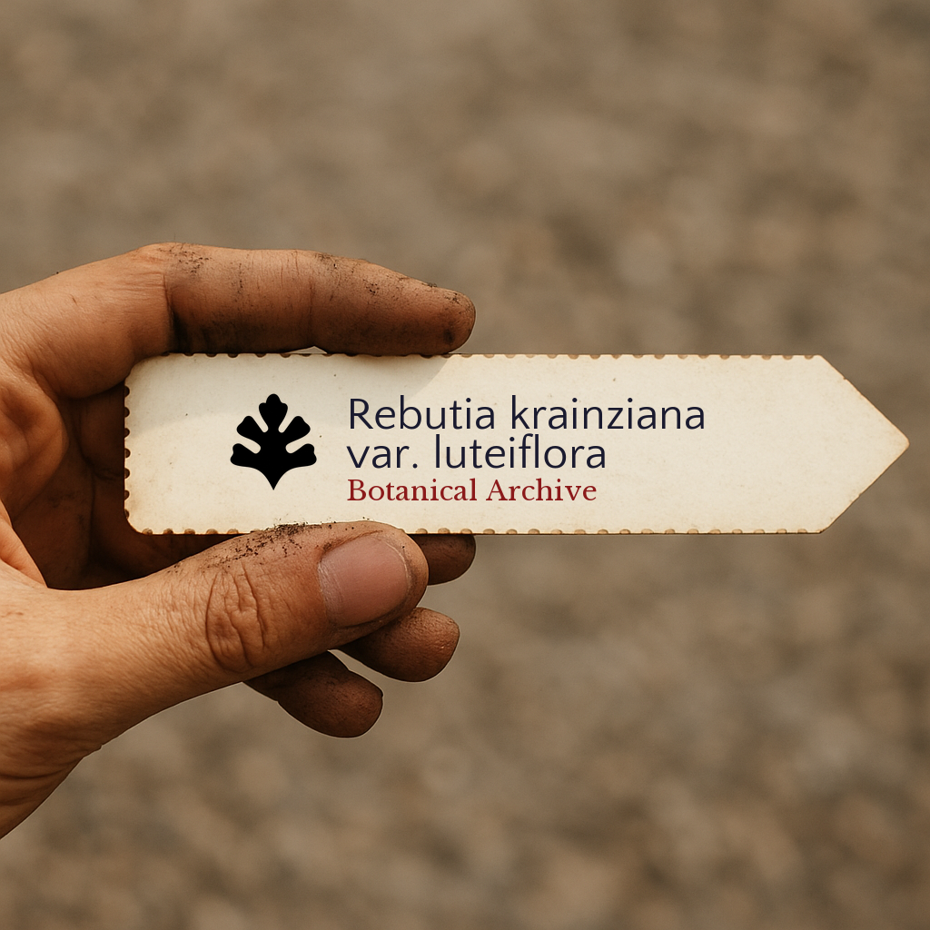 Printed plant label for Rebutia krainziana var. luteiflora held in hand with dirt marks