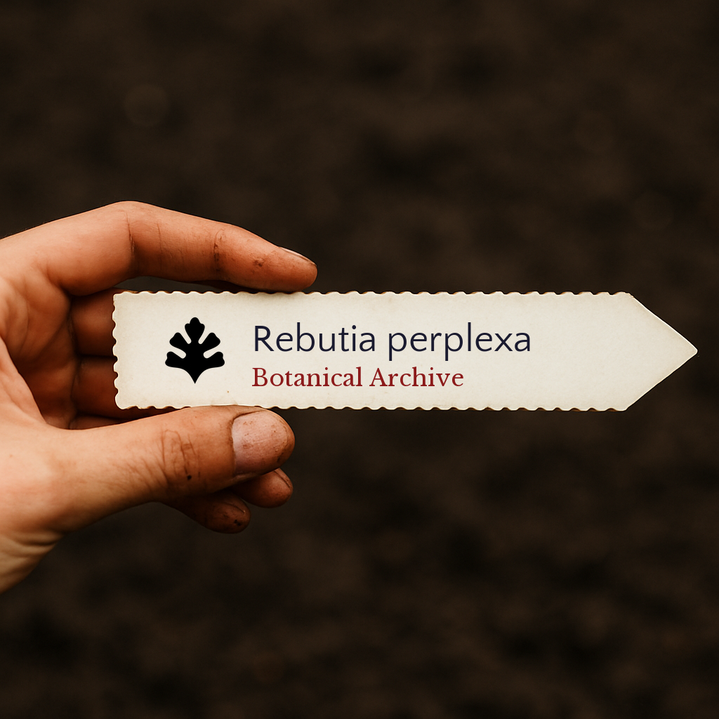 Etichetta stampata per pianta di Rebutia perplexa con il logo di Botanical Archive tenuta in mano