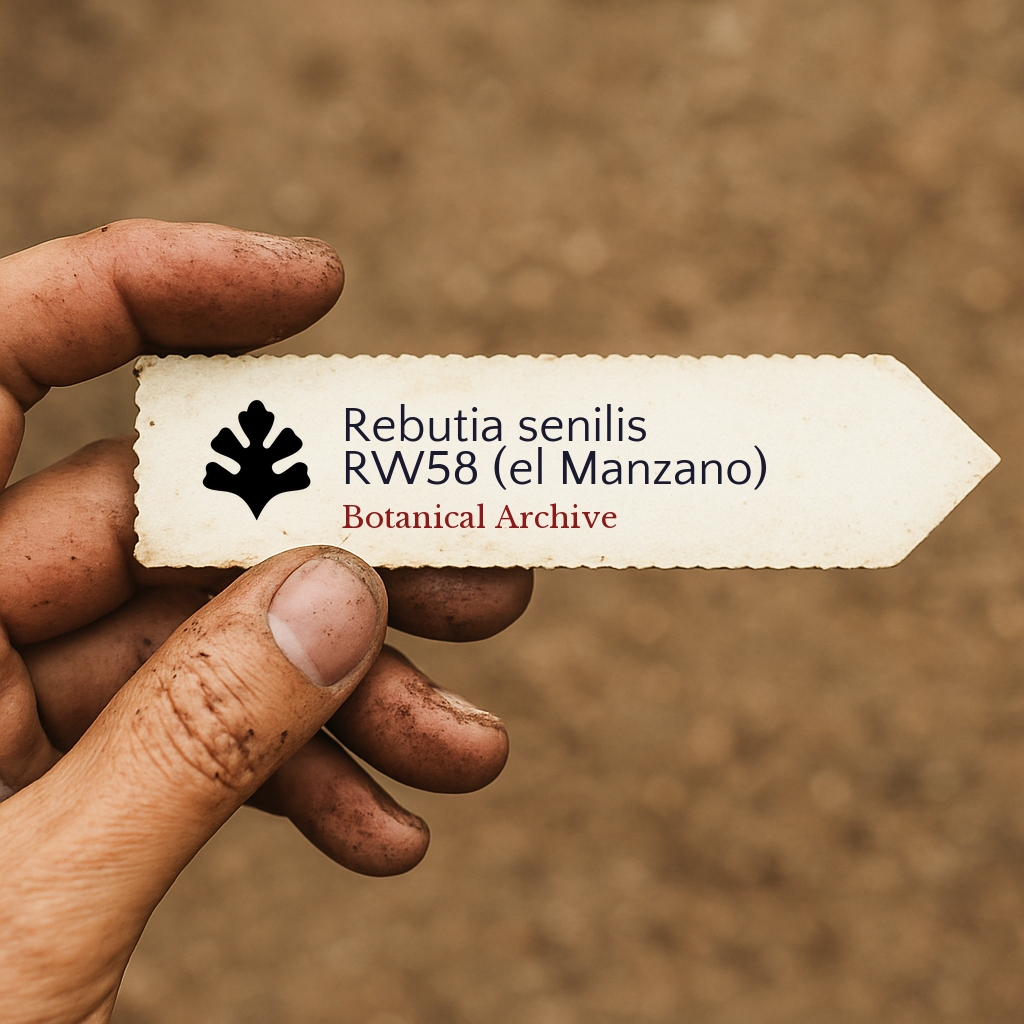 Printed plant label for Rebutia senilis RW58 (el Manzano) held by hand with dirt background