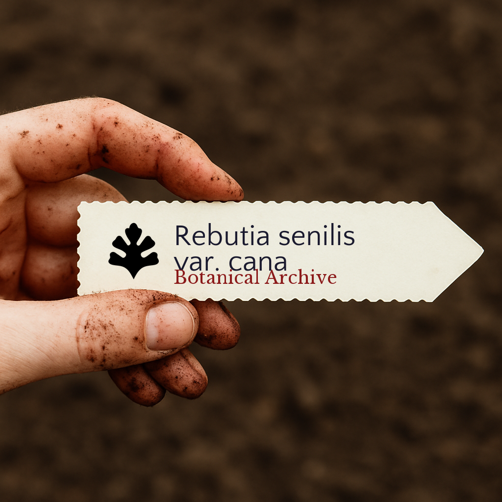 Printed plant label for Rebutia senilis var. cana held by dirty hand over soil background