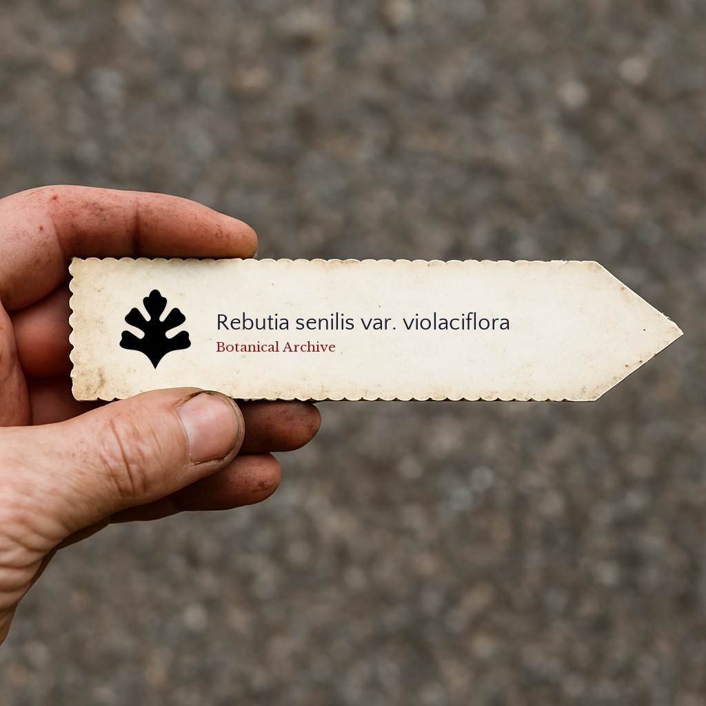 Handheld vintage plant label for Rebutia senilis var. violaciflora with botanical archive logo