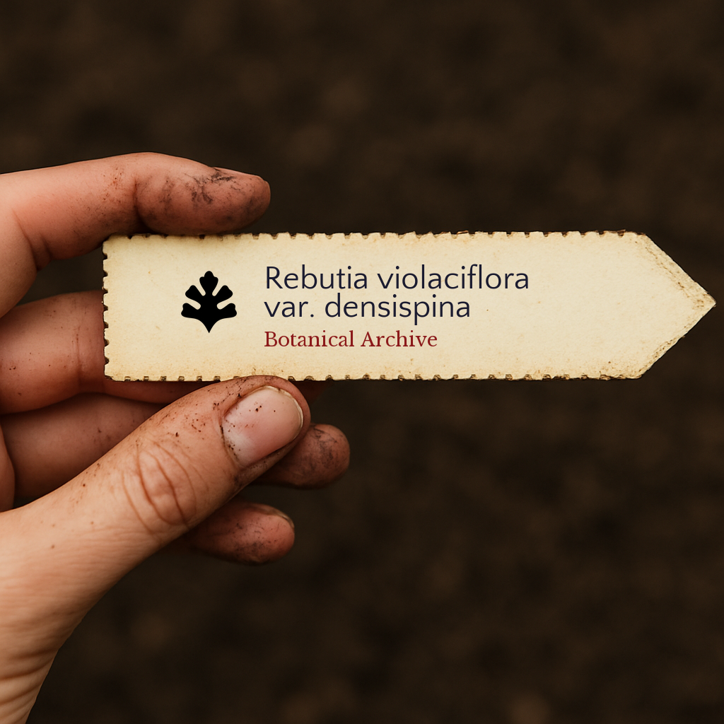 Printed plant label for Rebutia violaciflora var. densispina held by dirty hand outdoors