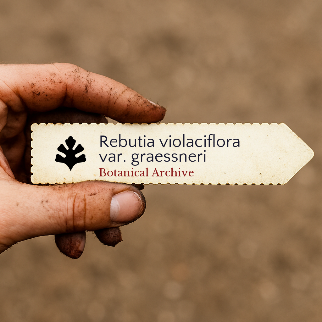 Printed plant label for Rebutia violaciflora var. graessneri held by dirty hand outdoors