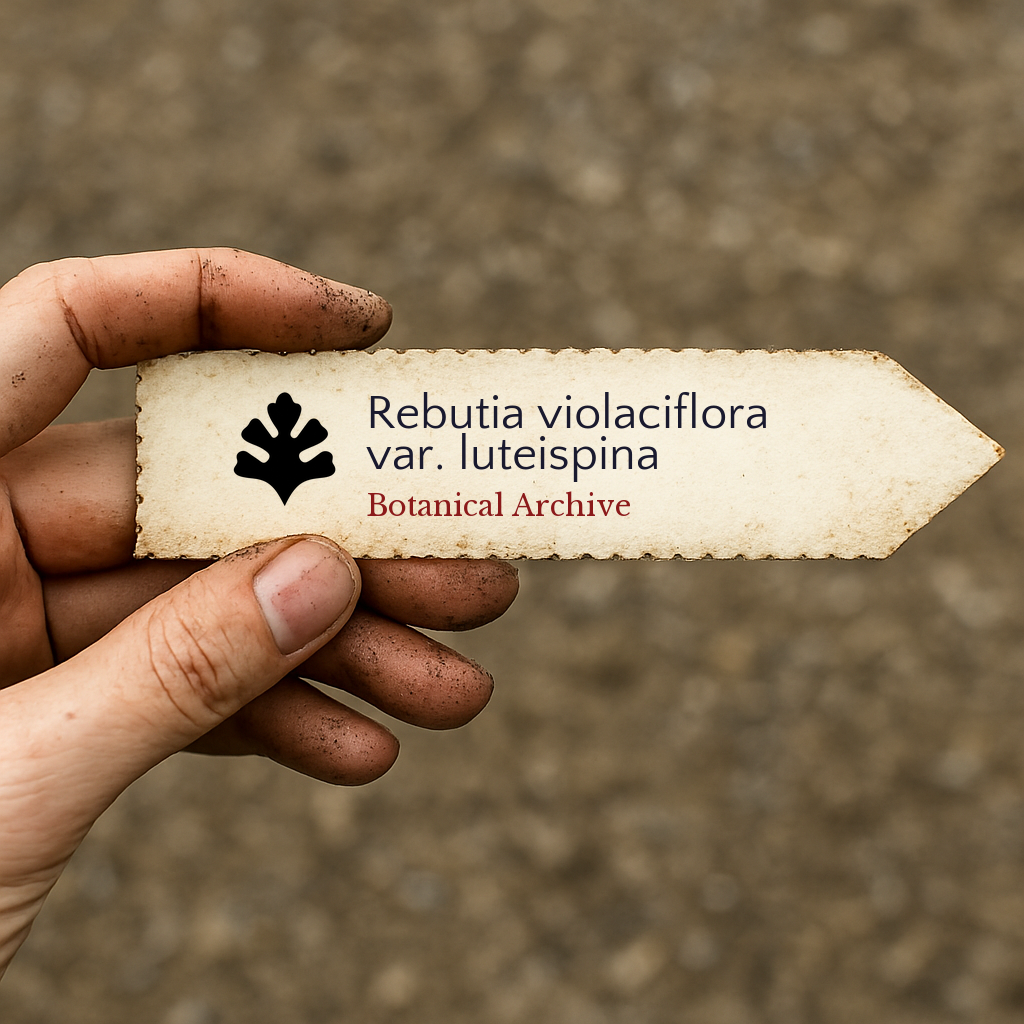 Printed plant label for Rebutia violaciflora var. luteispina held by hand outdoors