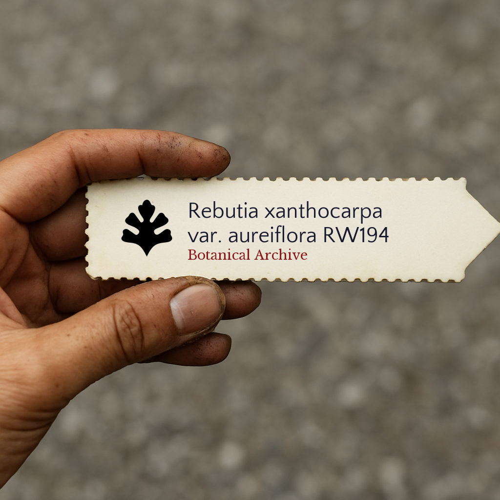 Printed plant label for Rebutia xanthocarpa var. aureiflora held in hand