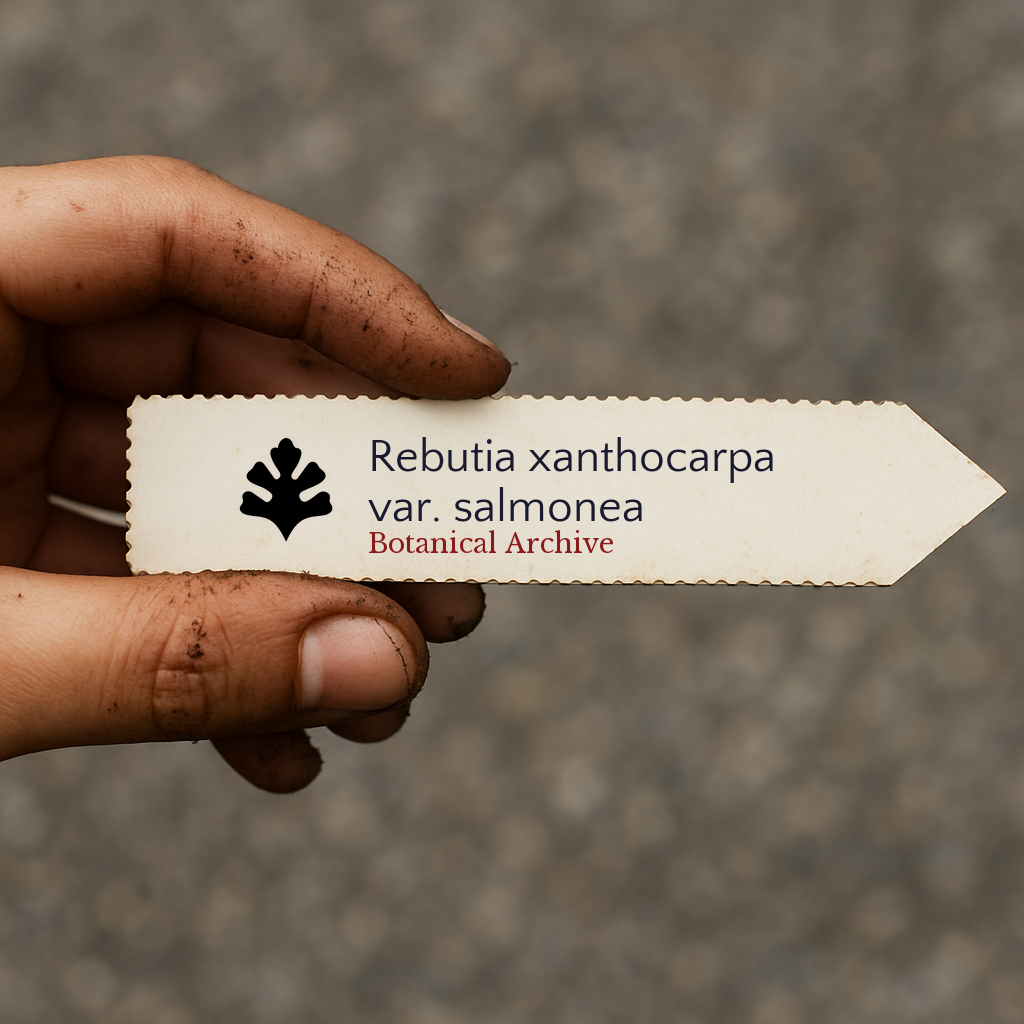 Printed plant label for Rebutia xanthocarpa var. salmonea held by dirty hand