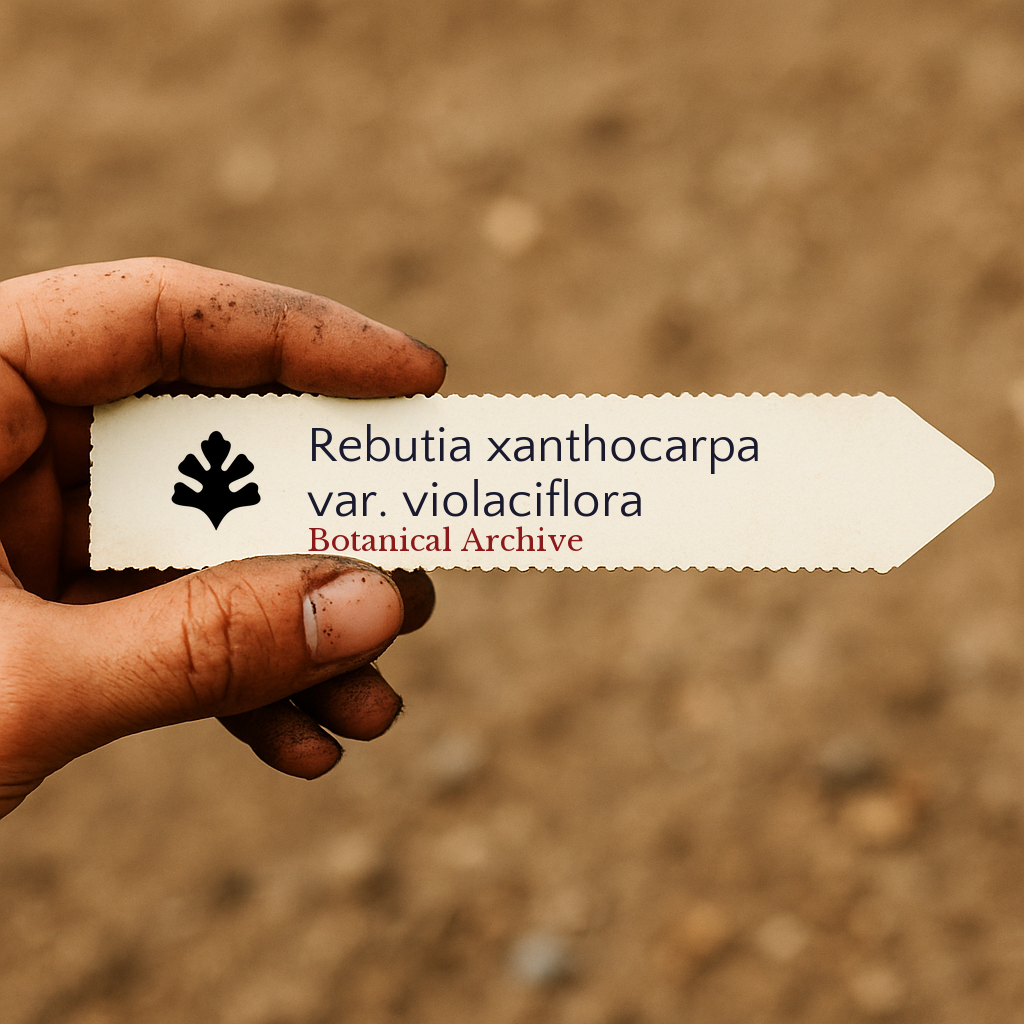 Etichetta per pianta stampata per Rebutia xanthocarpa var. violaciflora tenuta in mano con sfondo di terreno