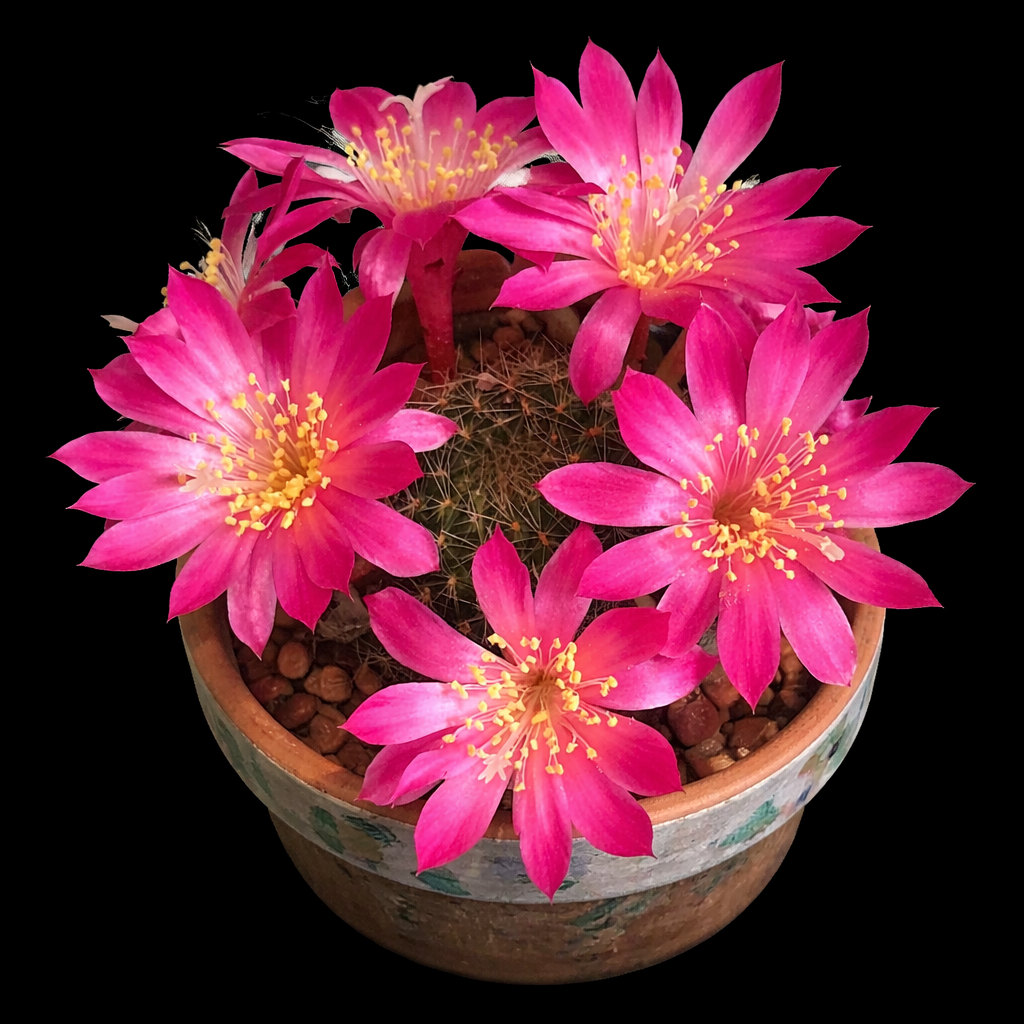 Cactus Rebutia violaciflora con vivaci fiori rosa in vaso di terracotta