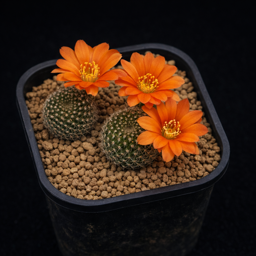 Rebutia xanthocarpa piccolo cactus rotondo con fiori arancioni vivaci in vaso nero