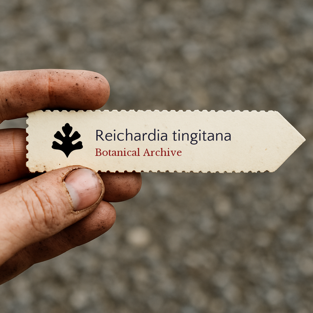 Etichetta per pianta stampata per Reichardia tingitana con il logo Botanical Archive tenuta da mano sporca