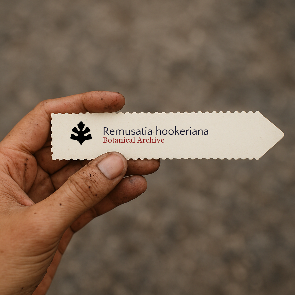 Etichetta per pianta stampata per Remusatia hookeriana con il logo Botanical Archive tenuta in mano