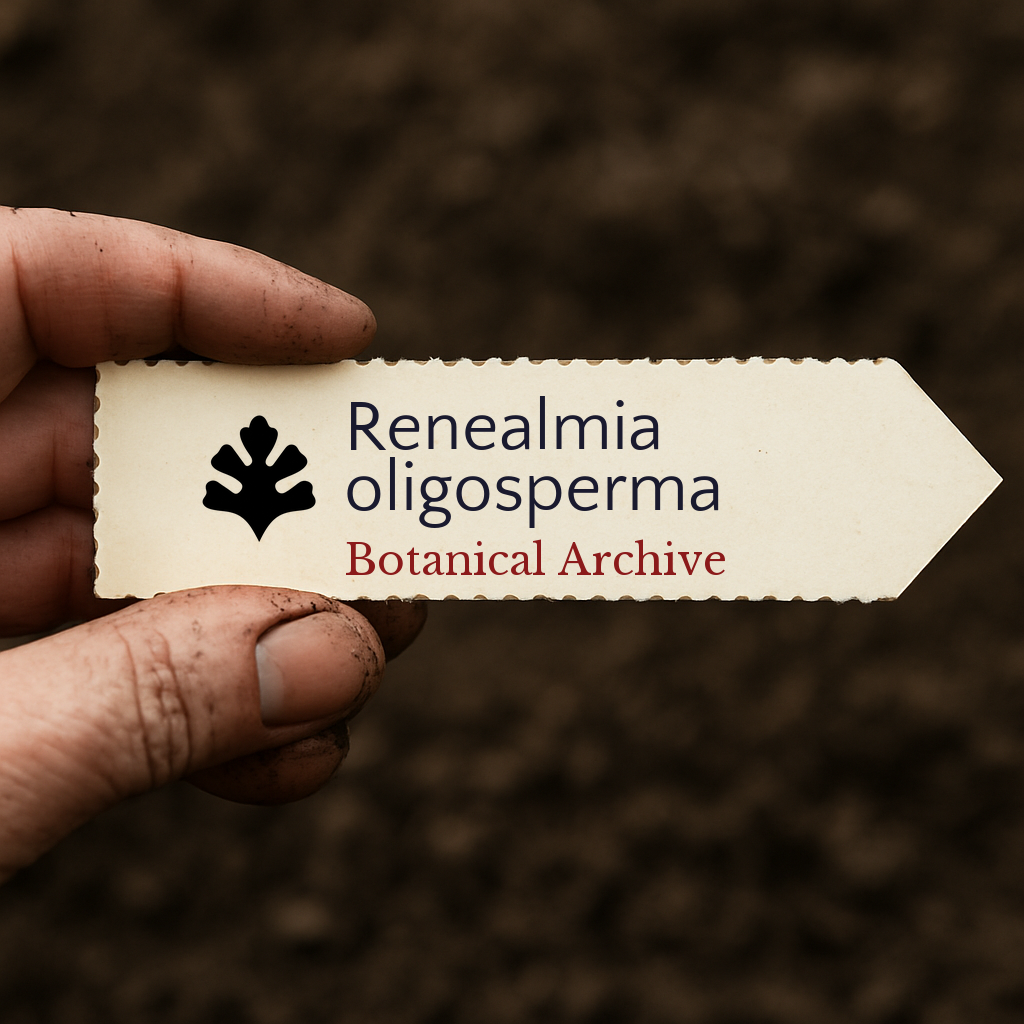 Etichetta per pianta stampata per Renealmia oligosperma su sfondo di terreno