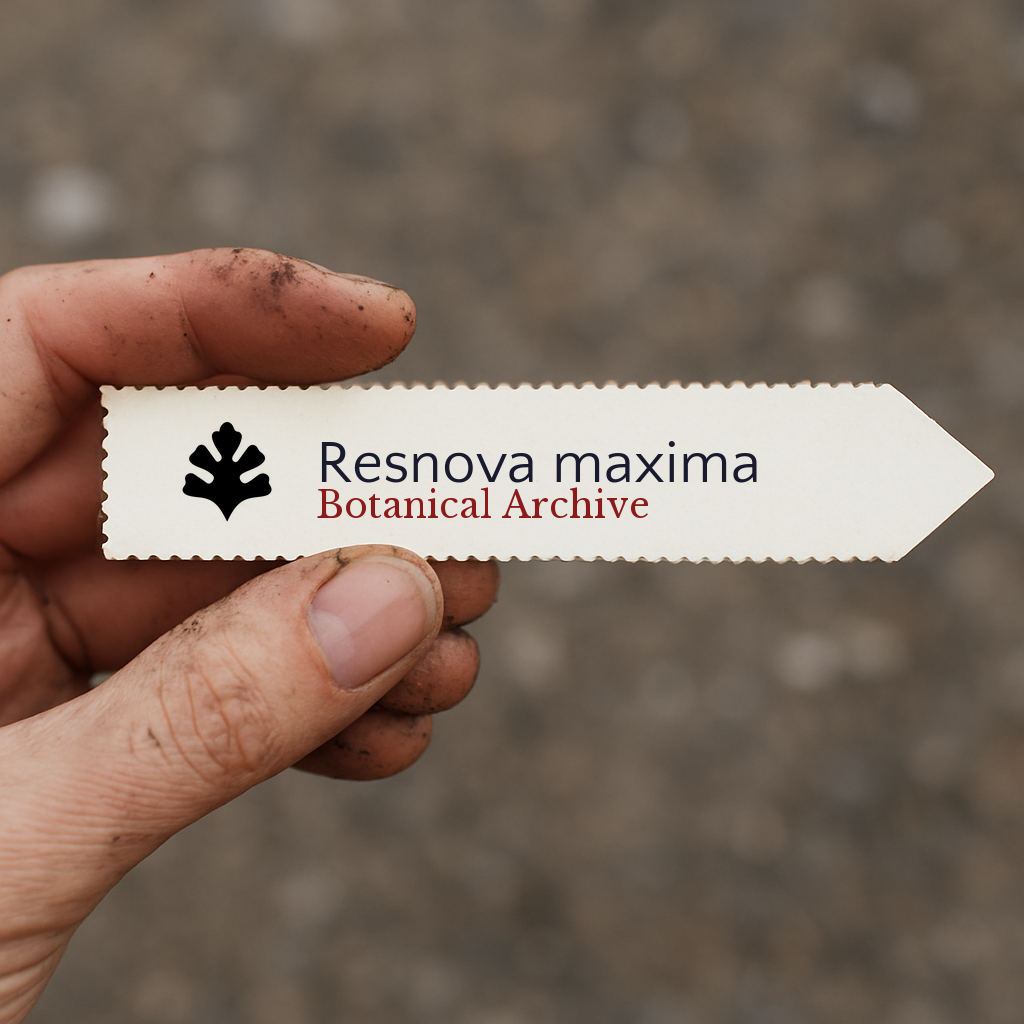 Printed plant label for Resnova maxima held by dirty hand outdoors
