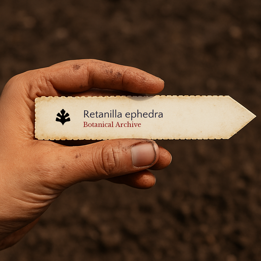 Printed plant label for Retanilla ephedra held over soil background