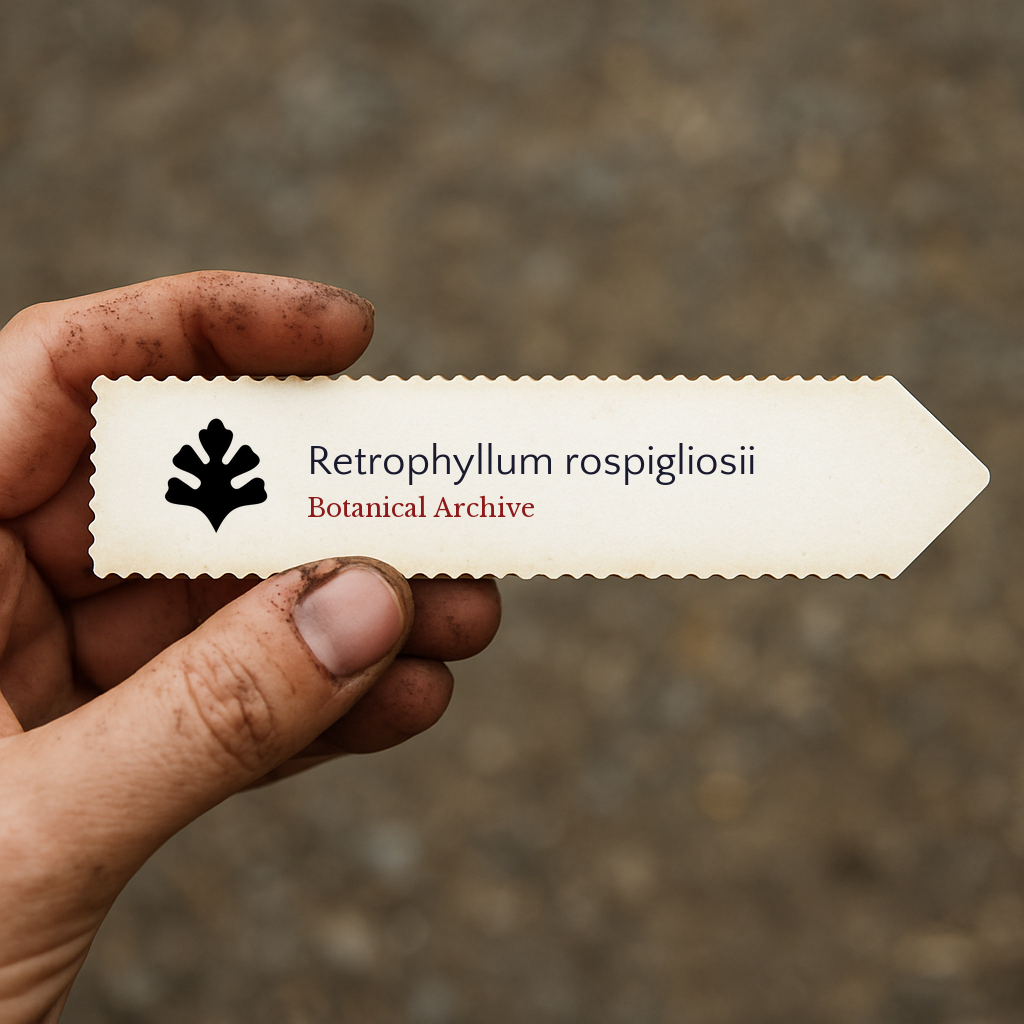 Printed plant label for Retrophyllum rospigliosii with botanical archive logo held by hand