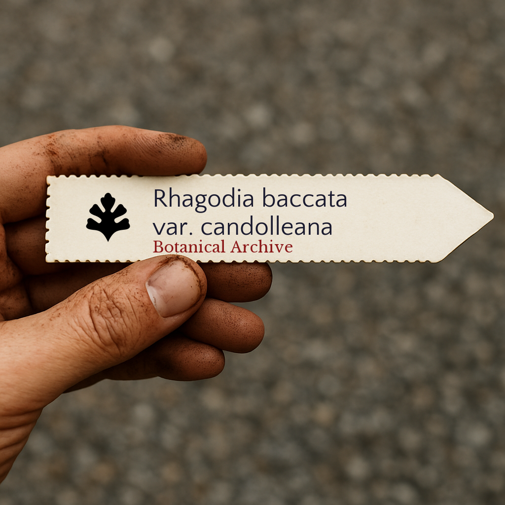 Etichetta per pianta stampata per Rhagodia baccata var. candolleana tenuta da una mano sporca