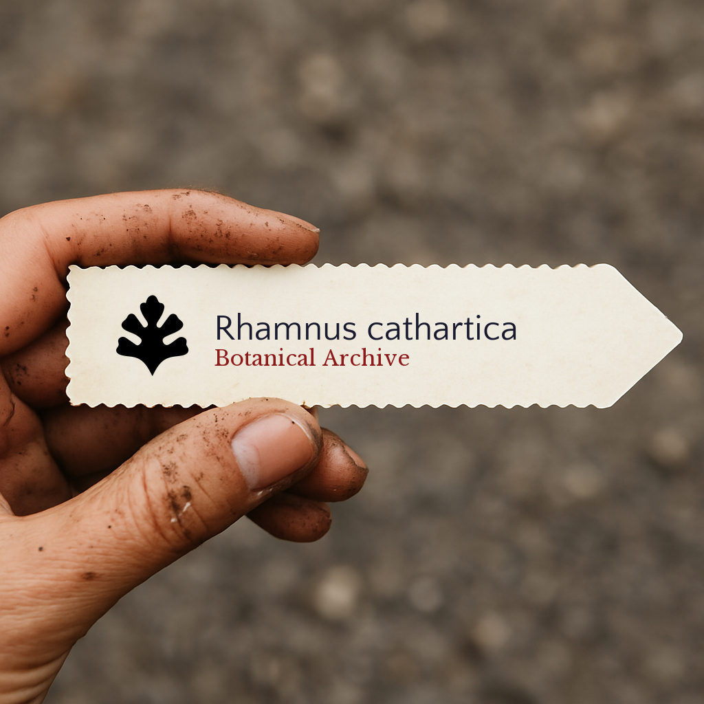 Etichetta per pianta stampata per Rhamnus cathartica tenuta da mano sporca all'aperto