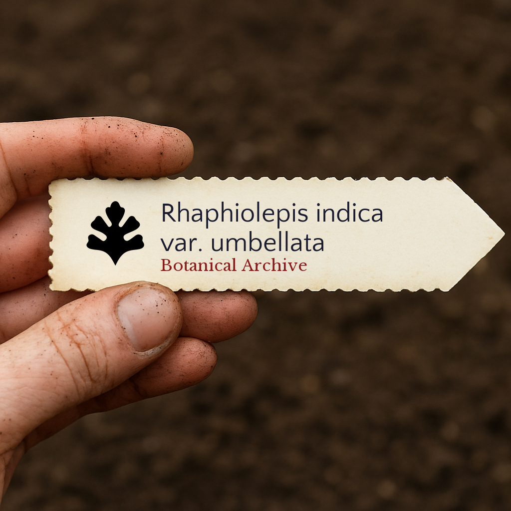 Etichetta per pianta stampata per Rhaphiolepis indica var. umbellata su sfondo di terreno