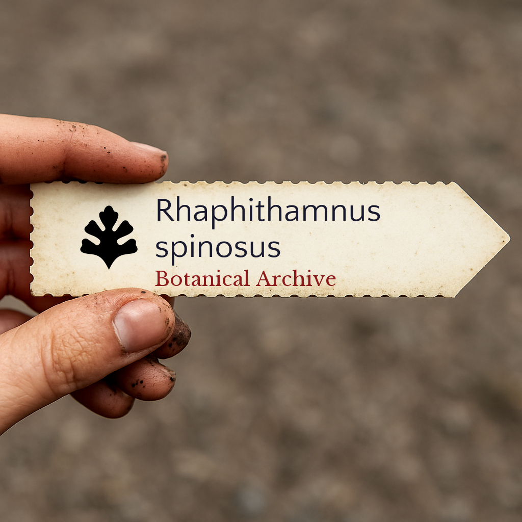 Printed plant label for Rhaphithamnus spinosus held by hand with soil-stained fingers