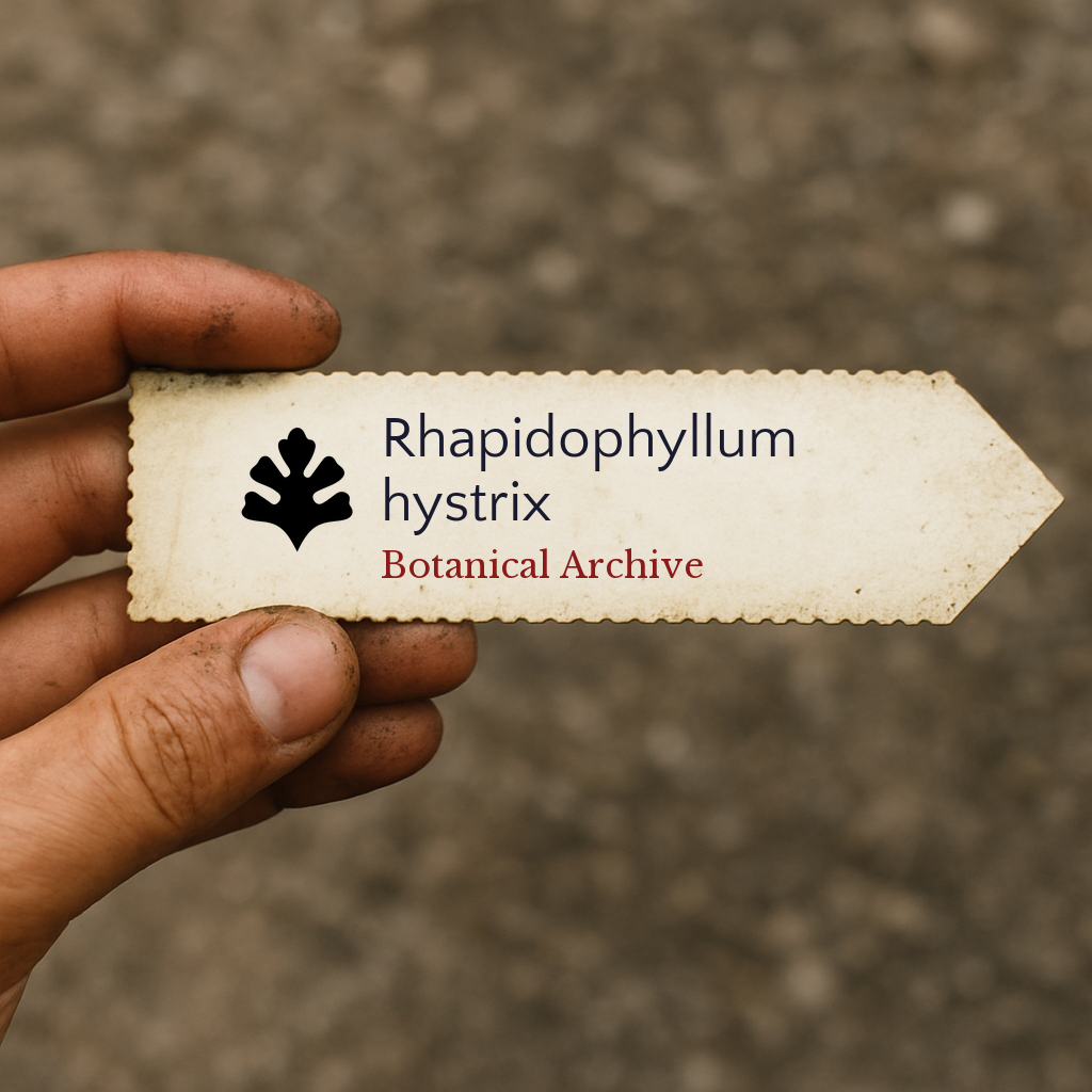 Printed plant label for Rhapidophyllum hystrix held by hand with dirt background