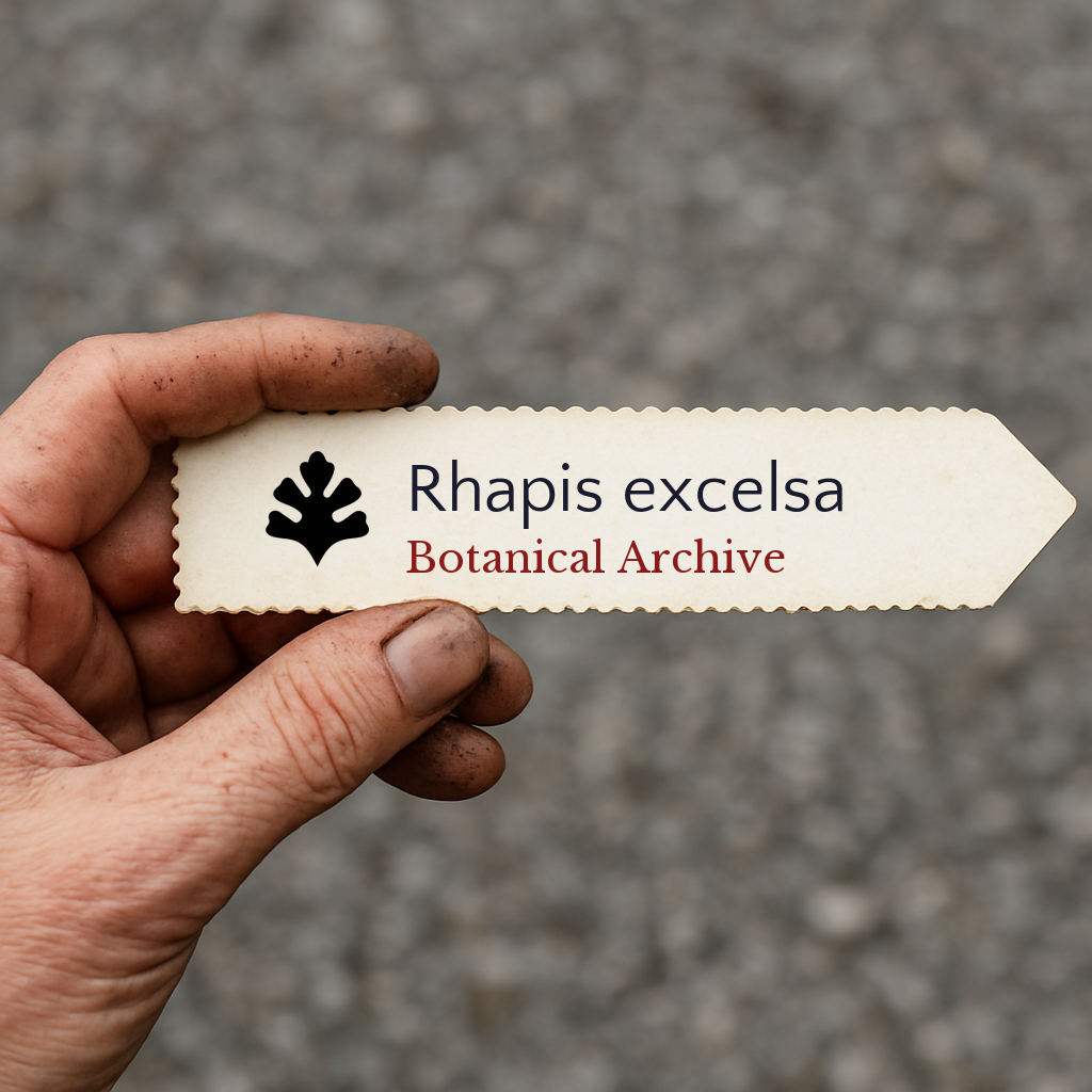 Etichetta per pianta stampata per Rhapis excelsa tenuta a mano con terra sulle dita