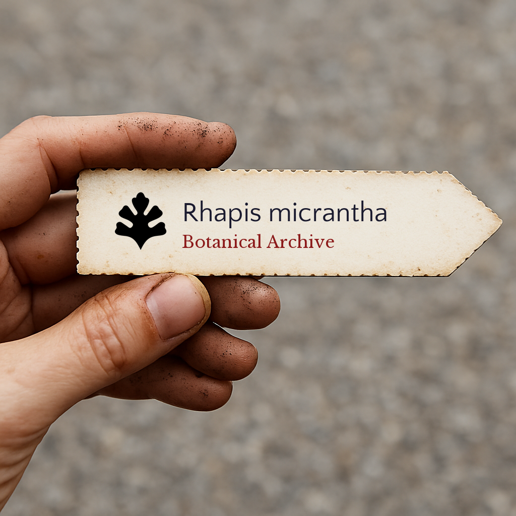 Printed plant label for Rhapis micrantha held by hand with soil on fingers