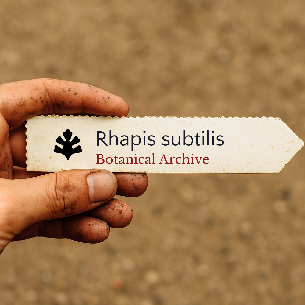 Printed plant label for Rhapis subtilis held by dirty hand against soil background