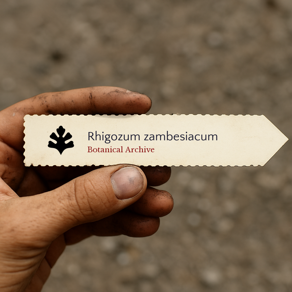 Printed plant label for Rhigozum zambesiacum held by dirty hand outdoors