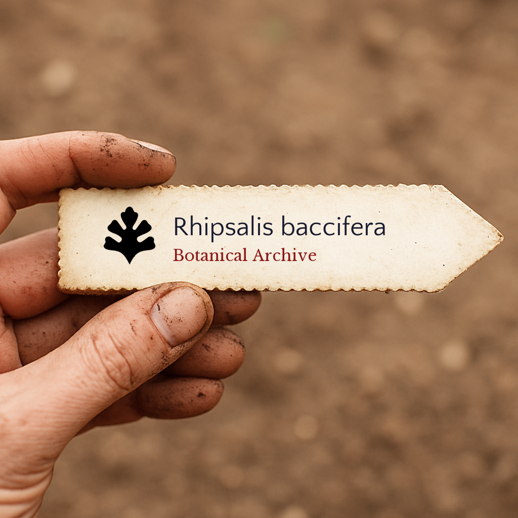 Printed plant label for Rhipsalis baccifera held by dirty hand with soil background