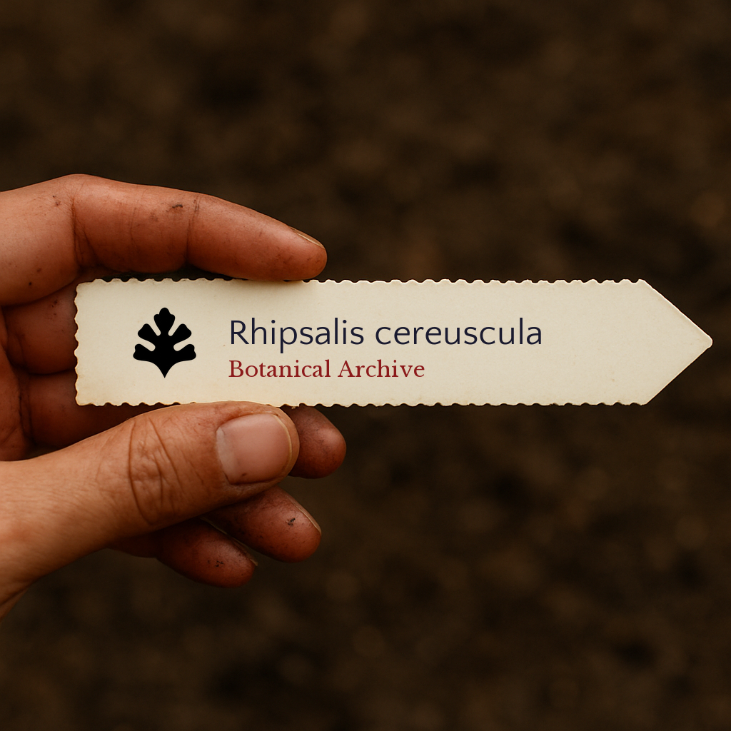 Printed plant label for Rhipsalis cereuscula held by hand over soil background