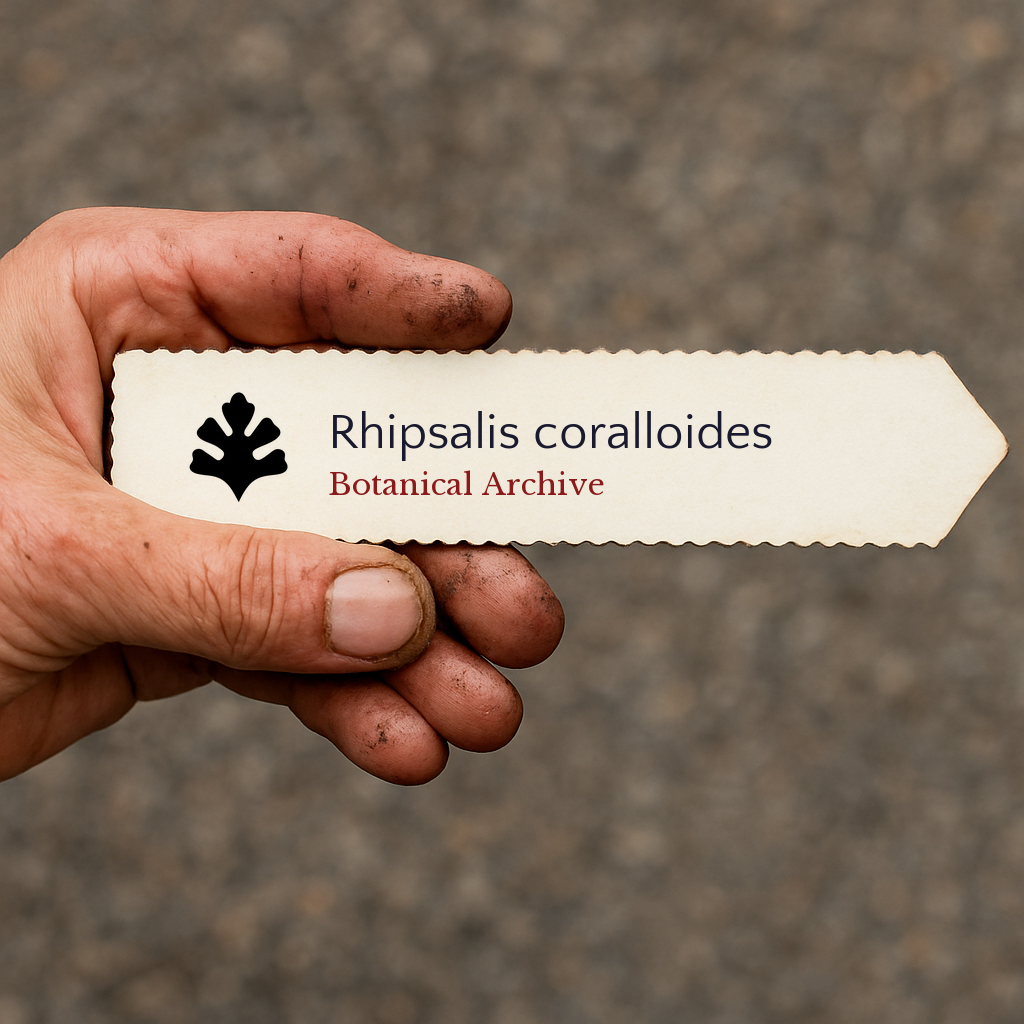 Etichetta stampata per pianta di Rhipsalis coralloides tenuta da una mano sporca su sfondo sfocato