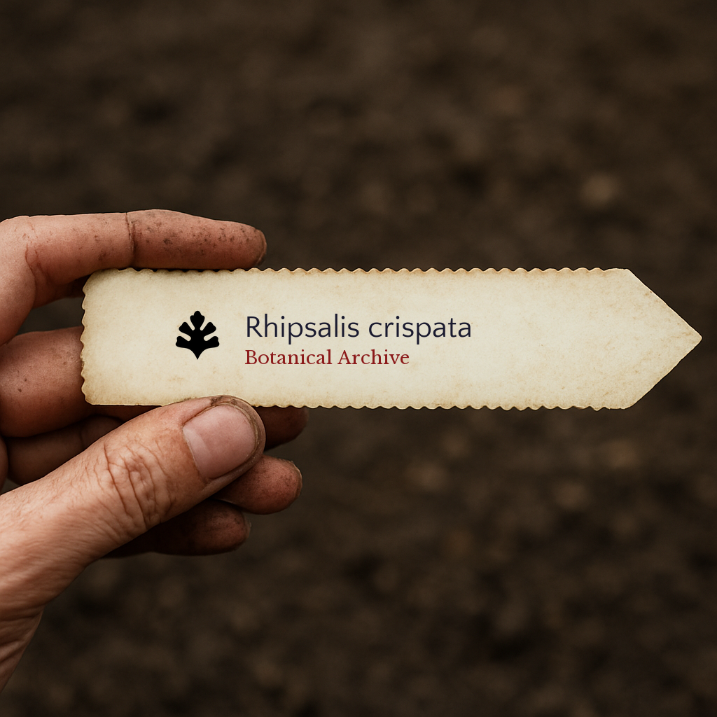 Etichetta per pianta vintage portatile per Rhipsalis crispata con logo Botanical Archive