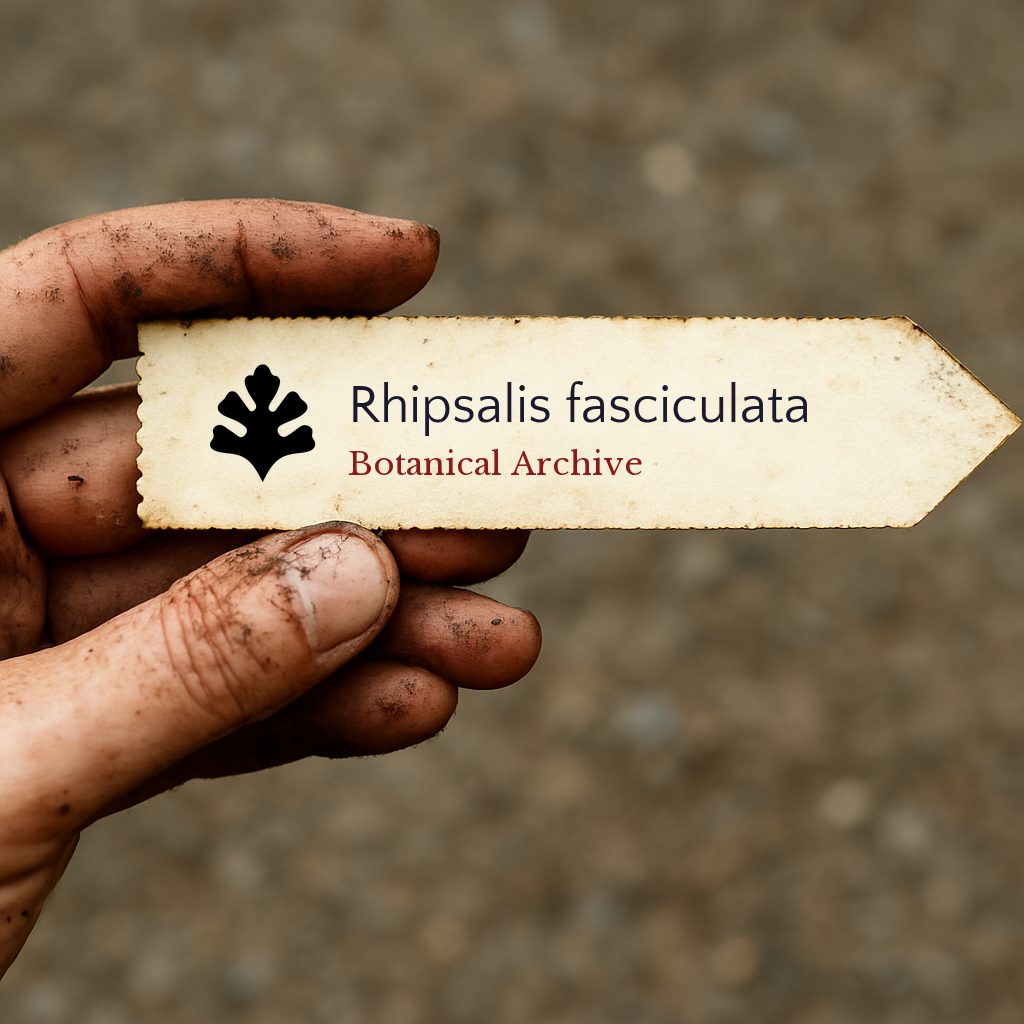 Etichetta per piante stampata per Rhipsalis fasciculata tenuta da mano sporca all'aperto