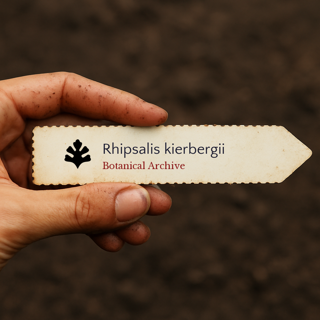 Etichetta con pianta stampata per Rhipsalis kierbergii tenuta in mano con sfondo di terra