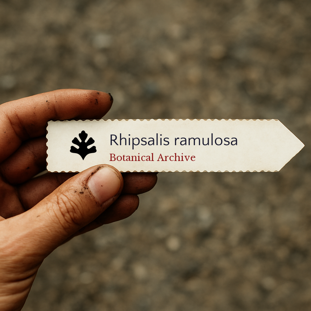 Printed plant label for Rhipsalis ramulosa held by hand with dirt background