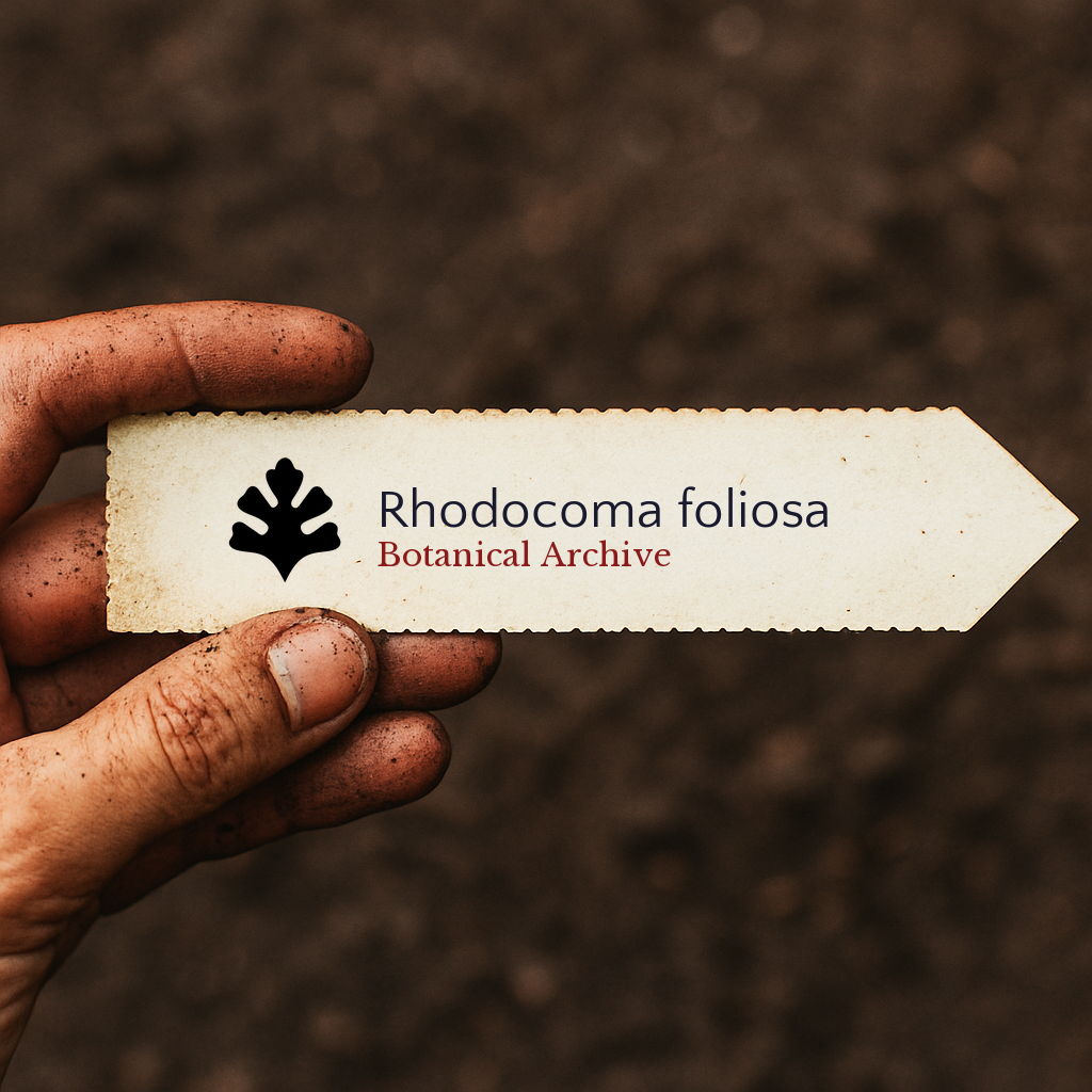 Printed plant label for Rhodocoma foliosa held by dirty hand against soil background