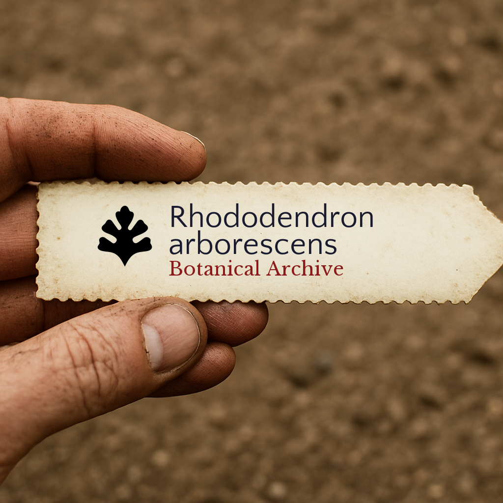 Printed plant label for Rhododendron arborescens held by hand with soil background