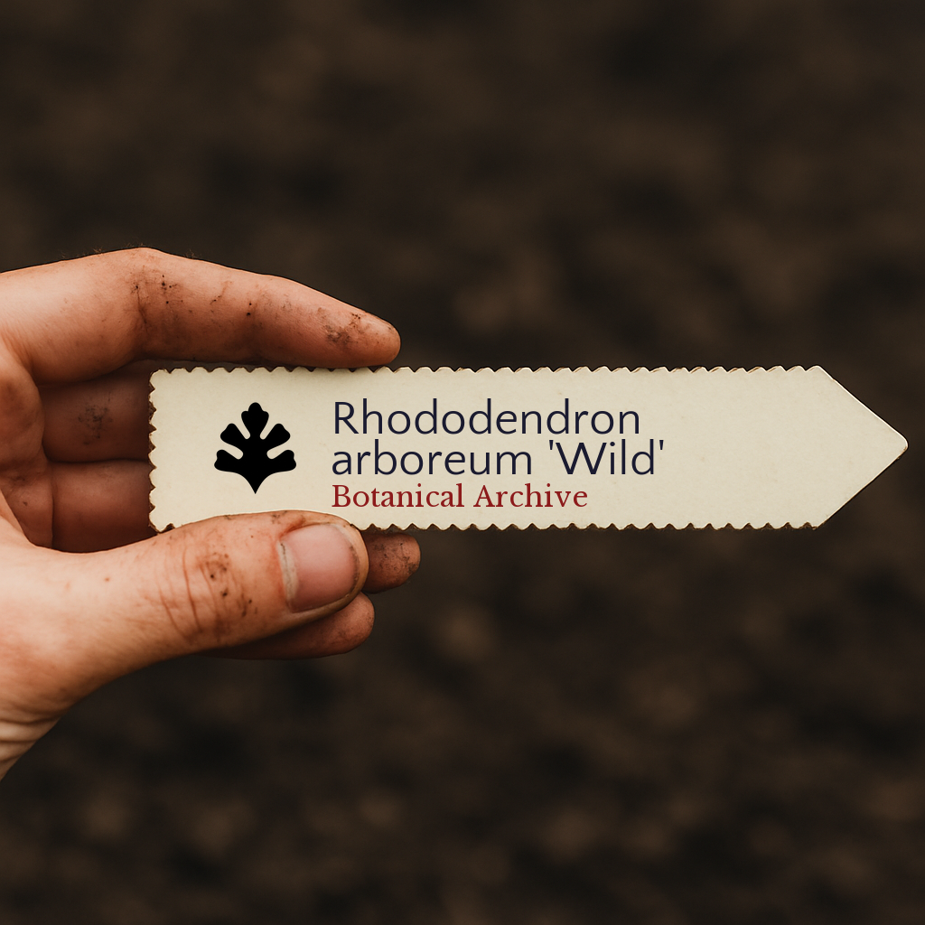 Printed plant label for Rhododendron arboreum 'Wild' held over soil background